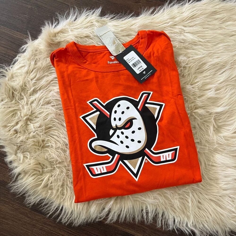 NWT orange Fanatics Anaheim Ducks classic Mighty Ducks primary logo t-shirt L